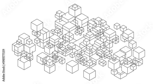 Abstract geometric composition featuring numerous interconnected cubes and cuboids rendered in a precise wireframe style on a white background.