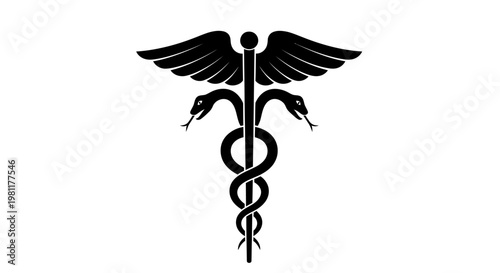 Black caduceus symbol with two snakes entwined around a winged staff on a plain white background, representing medicine and commerce.