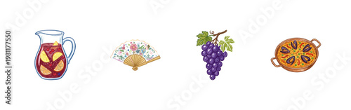 Spanish Cultural Elements and Mediterranean Food with Inky Crayon Pencil Texture and Organic Colorful Textures