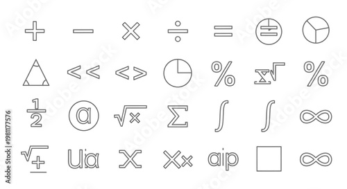 A comprehensive collection of outlined mathematical symbols and icons for various scientific and educational applications.