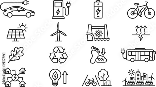Sustainable energy and eco-friendly transportation vector icons for green technology and environmental conservation