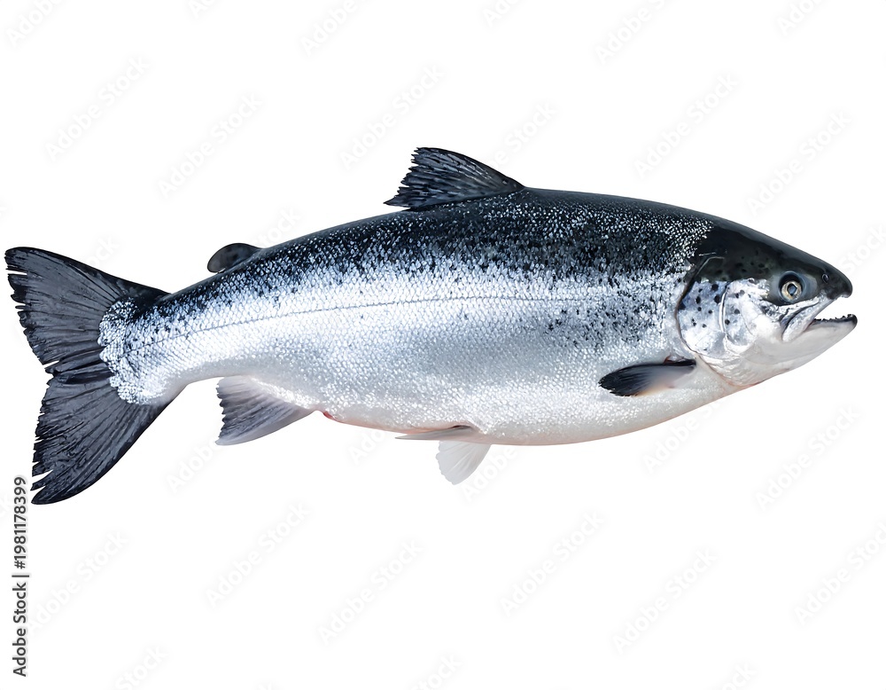 Obraz premium Isolated, detailed view of a salmon, showing scales and fins, against a pristine white backdrop
