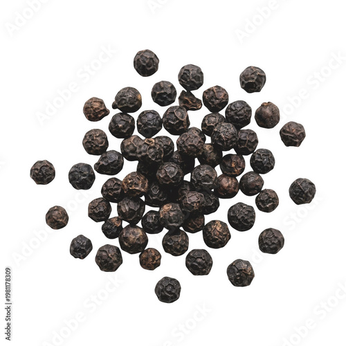 Black peppercorns PNG isolated with whole spice grains texture and seasoning ingredient cutout
