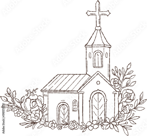 Small vintage-style church (chapel) in hand-drawn doodle line art. Minimal sketch illustration with irregular, imperfect outlines and no color fill. A symbolic Christian religious building 