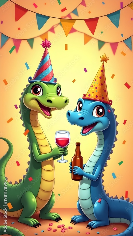 Naklejka premium Cute Cartoon Dinosaurs Party with Wine and Beer Celebration Graphic