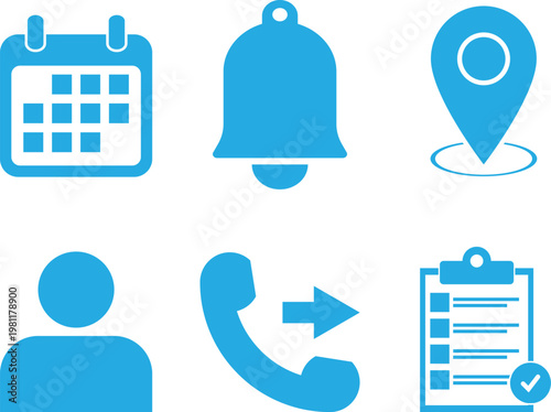 UI action and contact icons set with calendar, notification bell, location pin, user profile and incoming outgoing call symbols ideal for apps and web interfaces