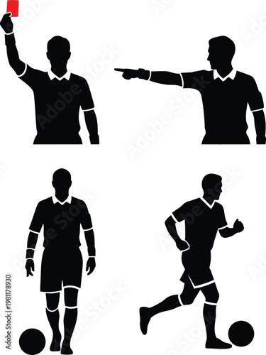 Black silhouettes of soccer referees and football players in various action poses on white background