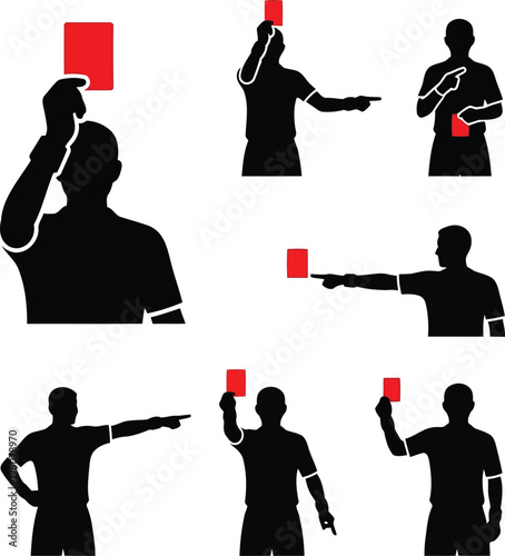 Referee silhouettes showing red card in various positions for sports and games
