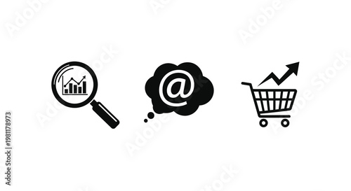 Business concepts with a magnifying glass email and shopping cart silhouette