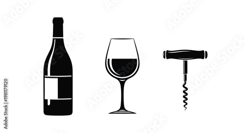 Wine bottle glass and corkscrew depicted in a striking silhouette
