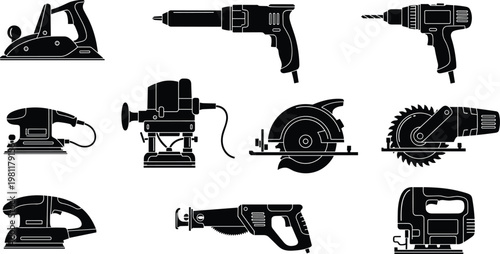 Vector illustration of a black silhouette set featuring camera and handgun equipment isolated on white as industrial technology icons