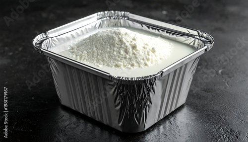 Silver foil container filled with white powder and liquid on a dark, textured surface