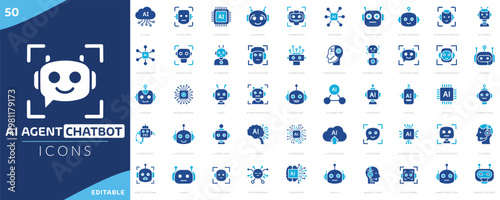 Ai Agent icon set. featuring artificial Intelligence, machine learning, neural networks, automation, chatbots, and futuristic technology, agent search, conversational ai, humanoid agent, machine learn
