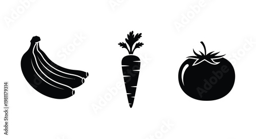 Black silhouettes of a banana carrot and tomato