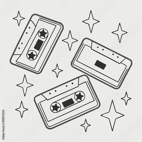 An isolated retro audio cassette tape vector object on a white background featuring vintage plastic technology for music recording and analog sound data media