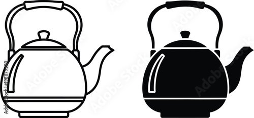 Two contrasting kettle icons one outlined and one solid black isolated on transparent background