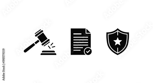 Law and justice icons gavel document and shield silhouette