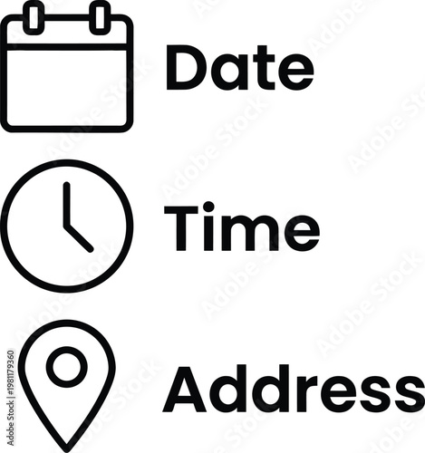 Vector graphic illustration of calendar, clock, and map pin icons with date, time, and address labels for event details