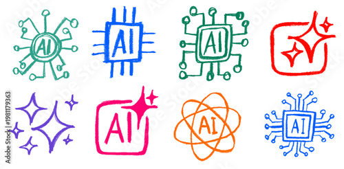 Artificial Intelligence Ai Icon Crayon Chalk Drawing Doodle Vector Set