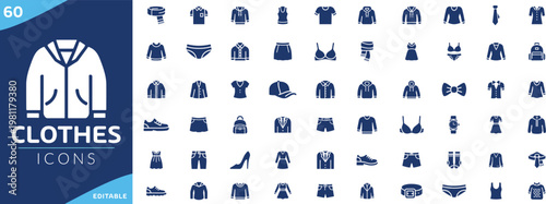 Clothes apparel vector icon set featuring shirts, jackets, pants, dresses, and fashion wear elements for retail, boutique, and clothing design concepts.