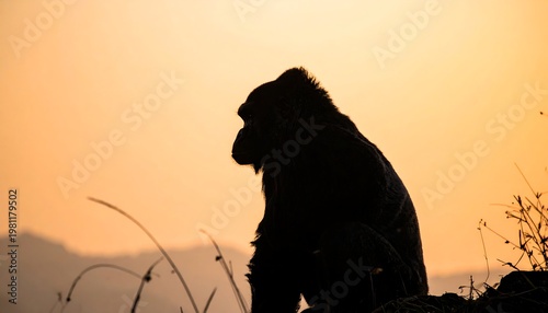 Silhouetted ape sits pensively against a hazy yellow sky, overlooking distant mountains and sparse vegetation