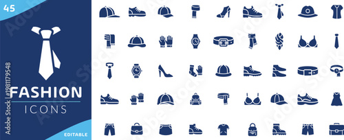 Fashion accessories vector icon set featuring shoes, bags, clothing, footwear, apparel, and style elements for retail, boutique, and modern fashion design concepts.