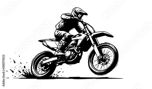 Motocross rider silhouette motorbike jump ink style extreme sport vector