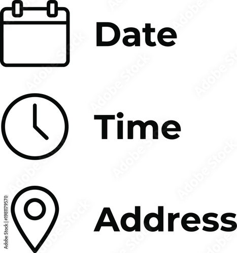 Vector graphic illustration of date, time, and address icons with labels