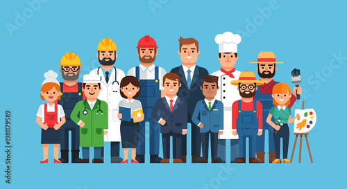 Diverse professionals standing together illustrated on blue backdrop