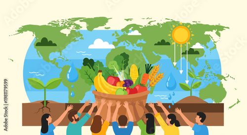 Community garden scene people working outdoors planting harvesting vegetables plants