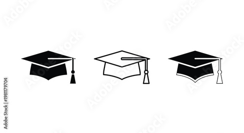 Three graduation caps displayed in a simple black silhouette