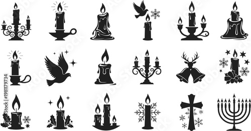 Set of vector silhouettes of trees and leaves featuring black vintage design patterns with symbolic anchor and candlestick illustration art