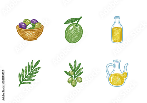 Mediterranean Olive Branch and Organic Oil Set with Colorful Crayony Pencil Texture and Calligraphic Ink Strokes