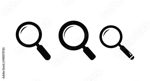Three black magnifying glasses in a row simple graphic silhouette