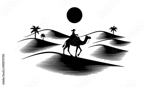Black Silhouette of Camel Rider Crossing Desert Sand Dunes with Palm Trees and Sun — Classic Engraving Style Vector Art for Arabian, Travel, and Middle Eastern Design