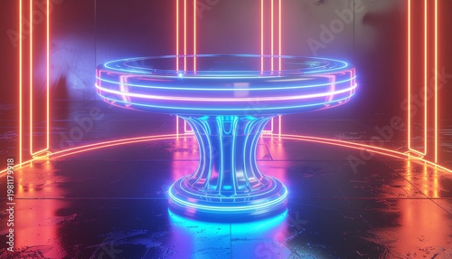 Vibrant 3d neon podium with radiant cyberpunk light trails in dark futuristic space