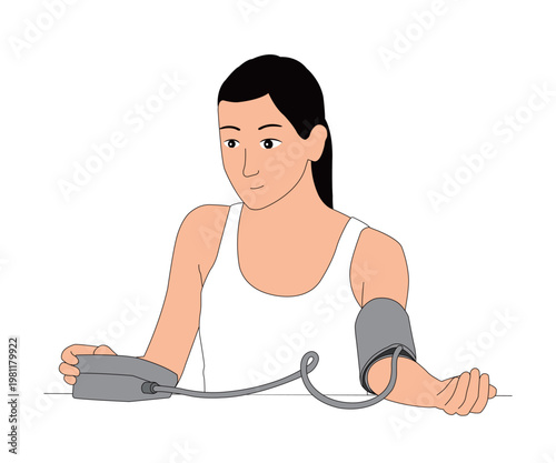 Woman measuring blood pressure with automatic digital arm monitor vector illustration