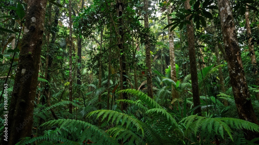 Naklejka premium Dense rainforest undergrowth with ferns among tall trees