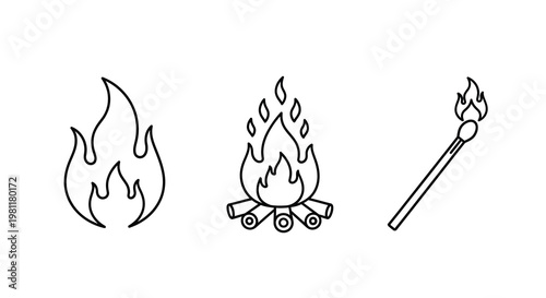 Three fire illustrations flame campfire and lit match silhouette