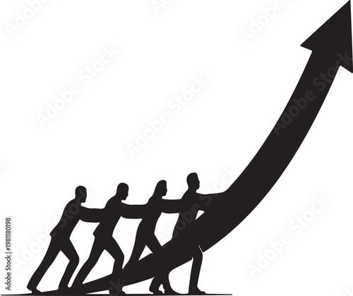 Teamwork and growth silhouettes of people supporting an upward trending arro