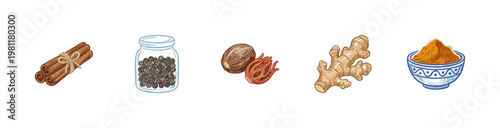 Culinary Spices and Aromatic Herbs Kitchen Ingredients with Colorful Crayony Pencil Texture and Organic Calligraphic Ink Strokes.