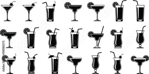 Set of kitchen utensils and silhouettes of vector icons featuring wine glasses, bottles, beer, and cocktail drinks for bar, cafe, and restaurant beverage menu design
