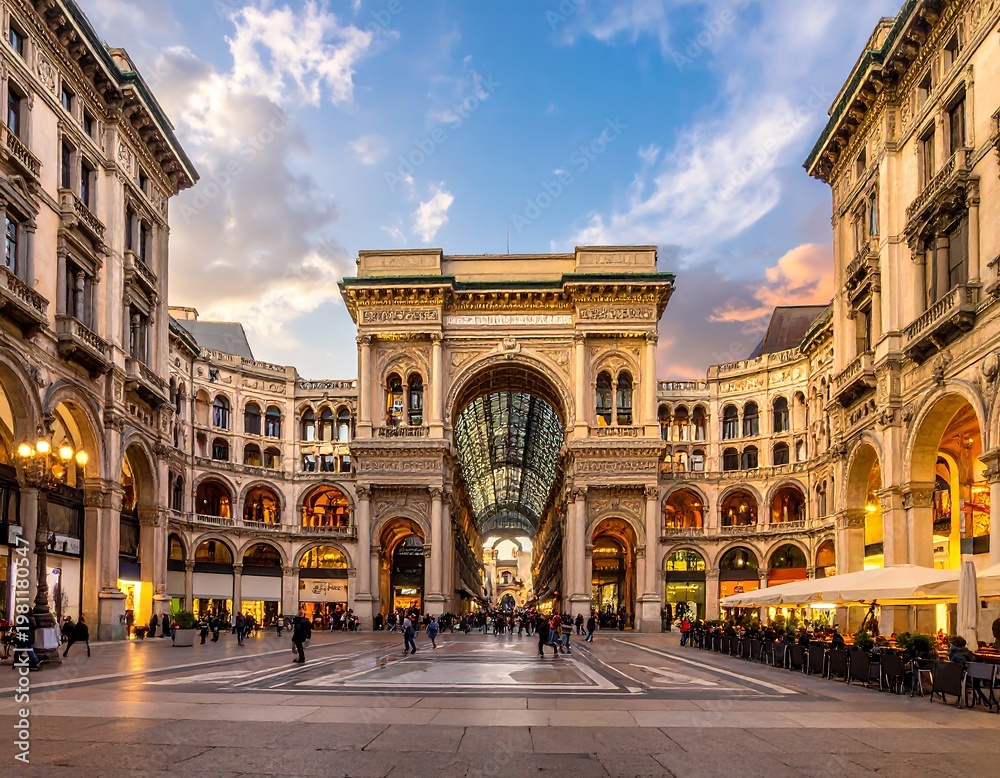 Fototapeta premium Ornate arched walkway with glass ceiling, bustling with people, evening sky