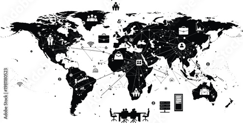World map with silhouettes and icons a global network of people places and activities