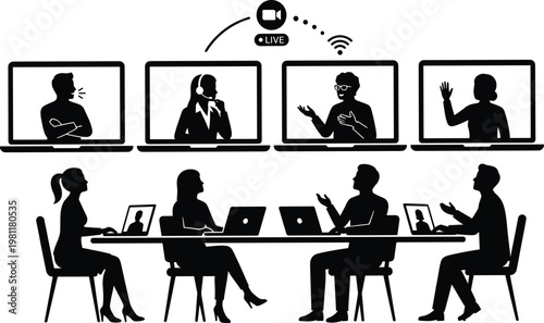 A modern business meeting illustration showcasing remote collaboration and in person participants connected through video conferencing technology