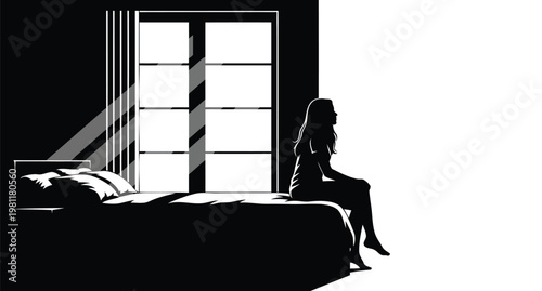 A woman sitting on bed by window with morning sunlight, thoughtful female silhouette in bedroom interior