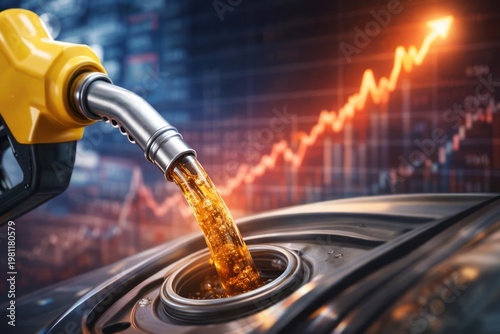 Yellow fuel pump flowing into vehicle with fluctuating stock market chart background concept of fuel price increase, economic inflation
