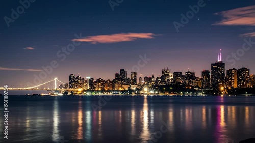 City Skyline at Night Reflected on Calm Water with Colorful Sky.