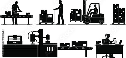 Warehouse and factory operations a silhouette illustration of logistics manufacturing and inventory management processes