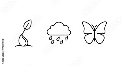 Minimalist line art icons depicting a plant cloud and butterfly silhouette